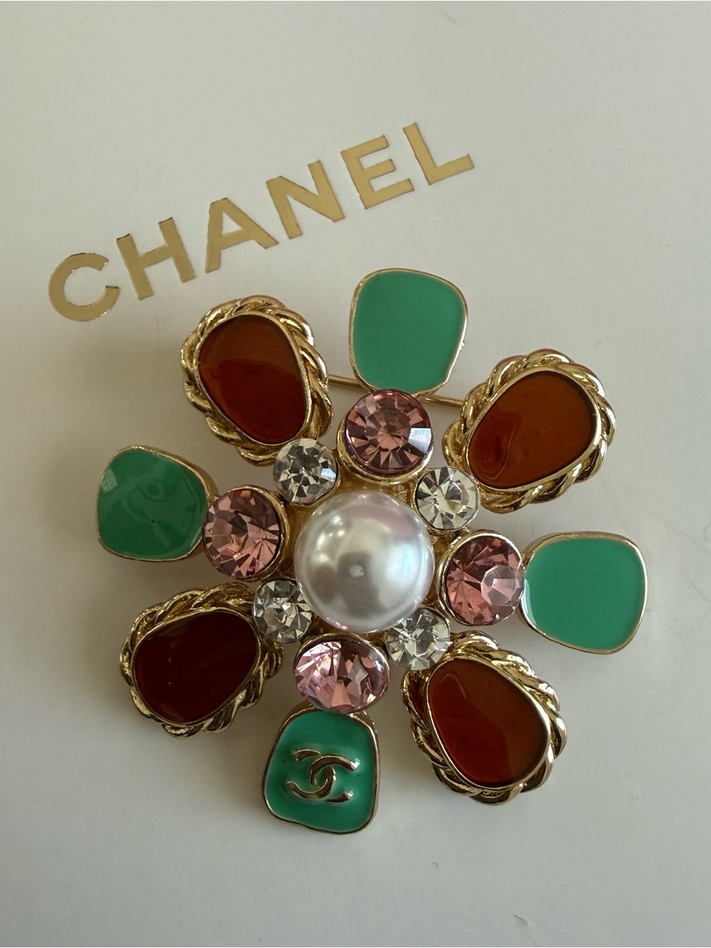 Upcycled CC Multicolor Flower Brooch with Pearl and Crystals